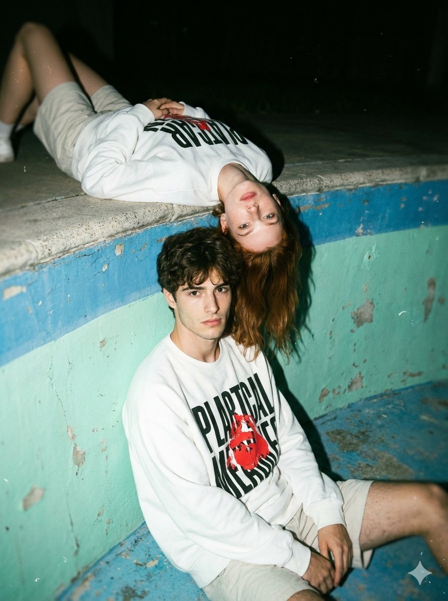 Streetwear Couple Film Shoot Prompt (Empty Pool) — example 1