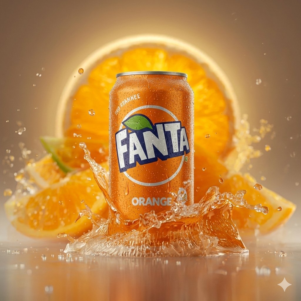 Hyper-realistic Cinematic Product Photo of Fanta Orange Can — example 1