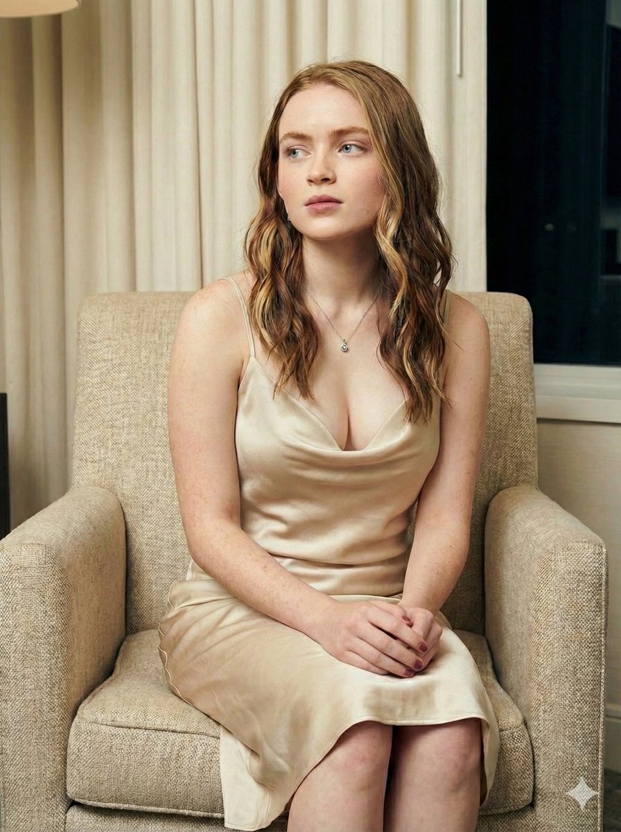 Sadie Sink Champagne Silk Slip Dress Portrait — example 2