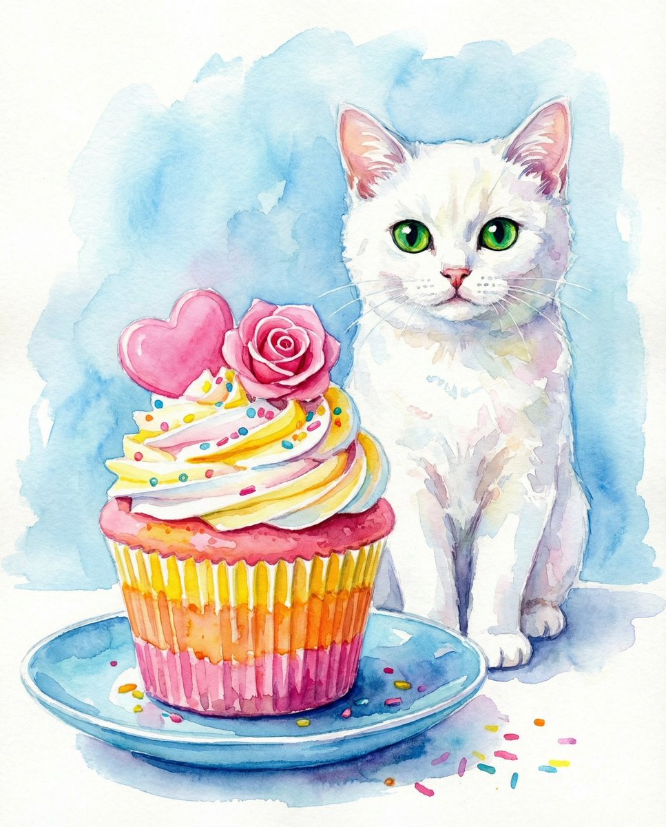 Watercolor Cat and Valentine's Cupcake — example 1