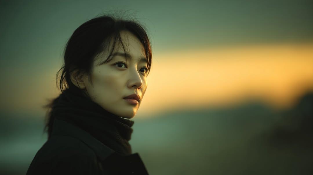 Cinematic Sunset Portrait of East Asian Woman — example 1