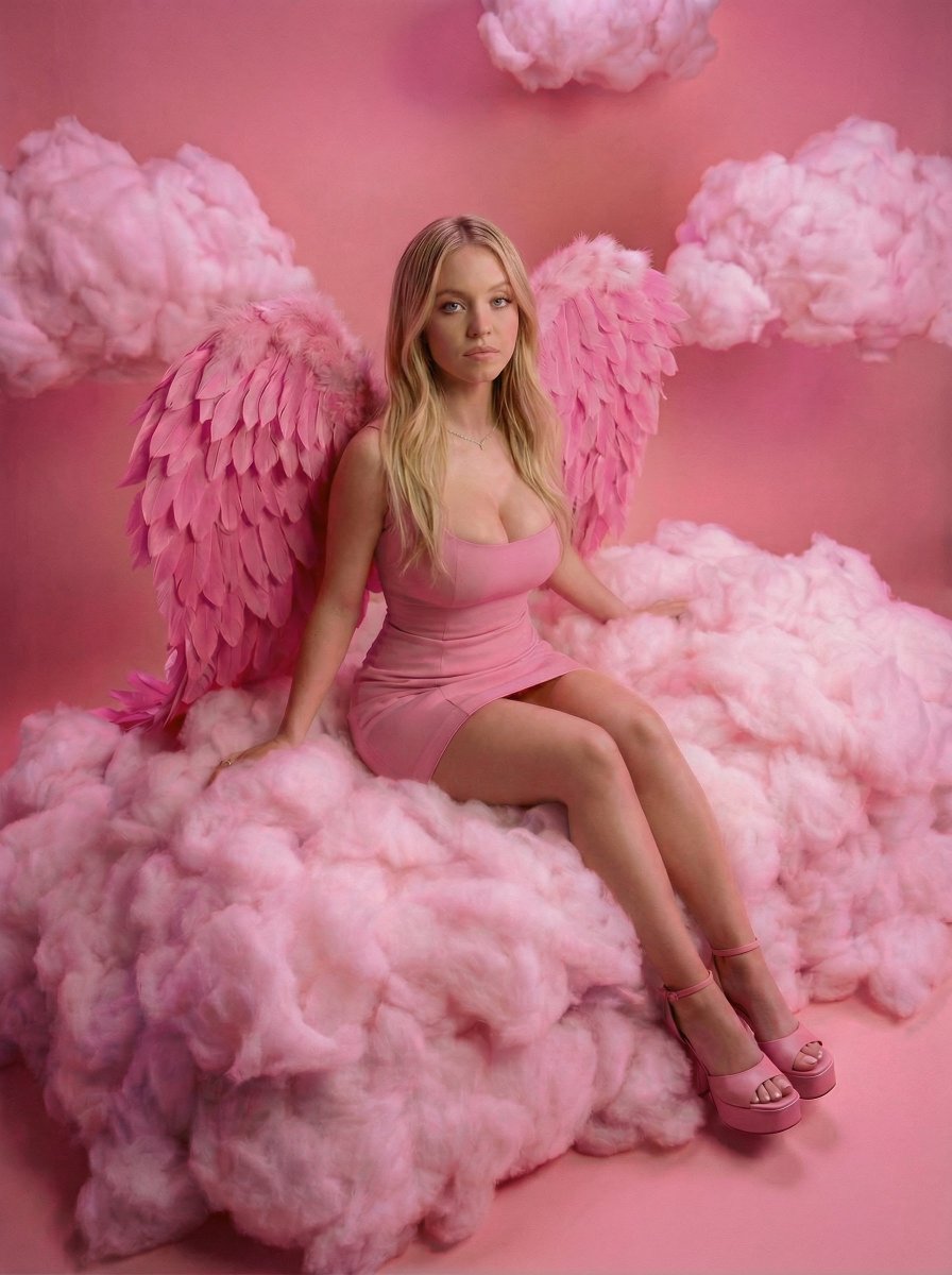 Sydney Sweeney with Pink Feathered Wings in Studio — example 4
