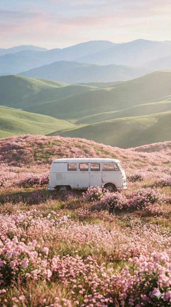 Cinematic Landscape of Minimalist Van in Pink Flower Fields — example 1