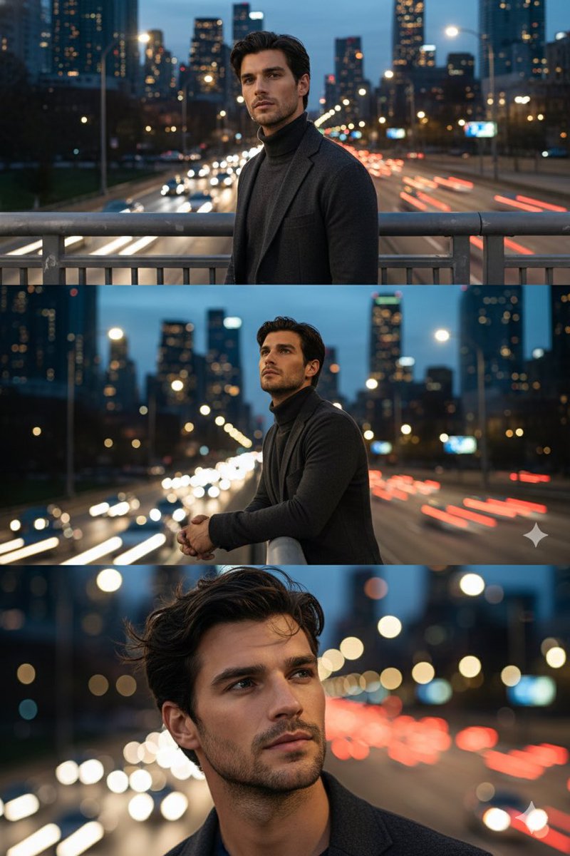 Cinematic Triptych Portrait on a Night Bridge — example 1