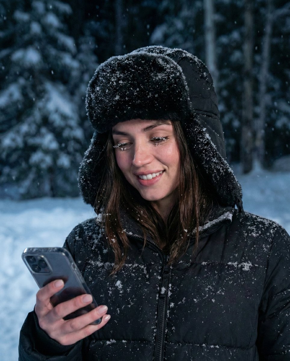 Conceptual Winter Night Portrait with Smartphone — example 1