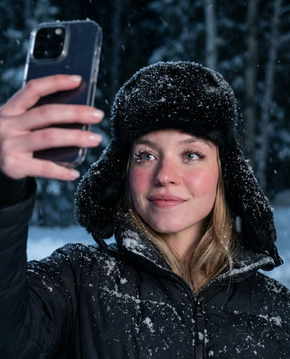 Conceptual Winter Night Portrait with Smartphone — example 2