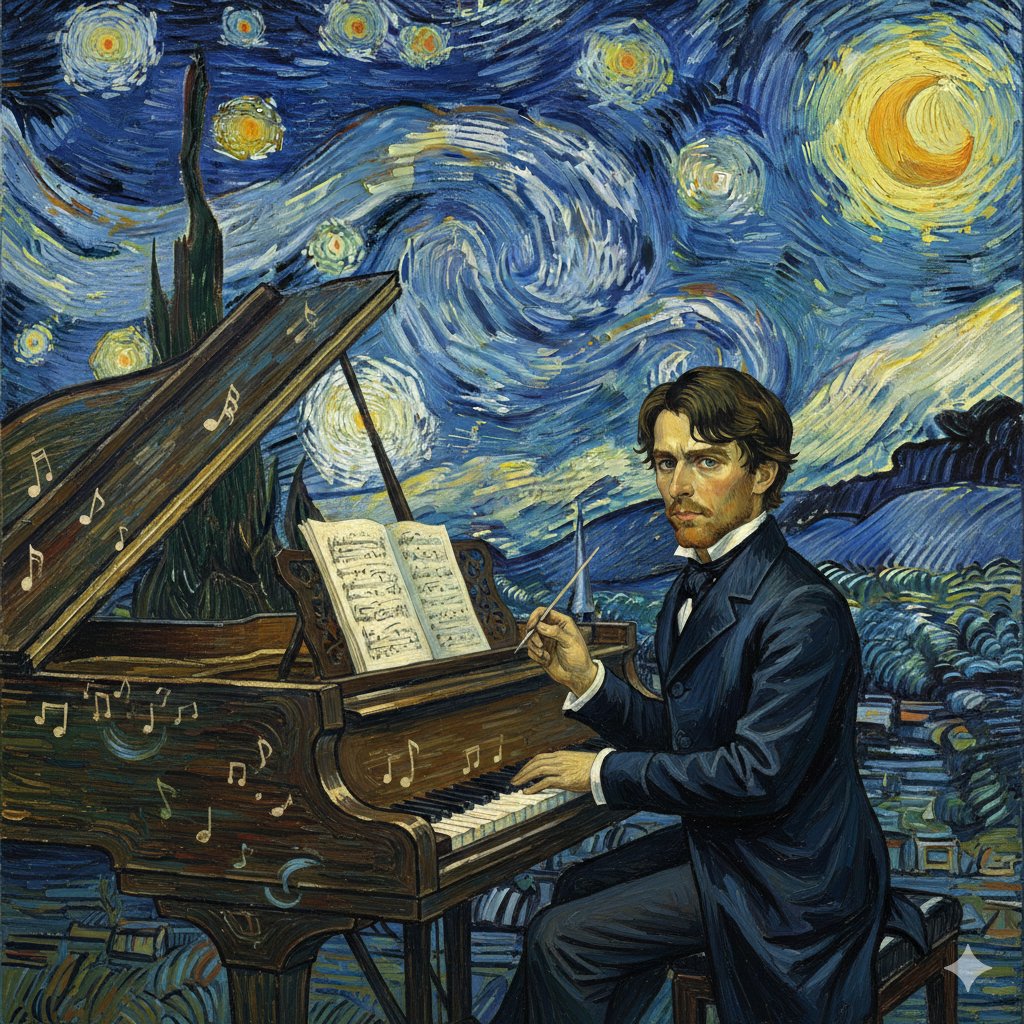 Chopin in Van Gogh's Starry Night Style Prompt — example 1