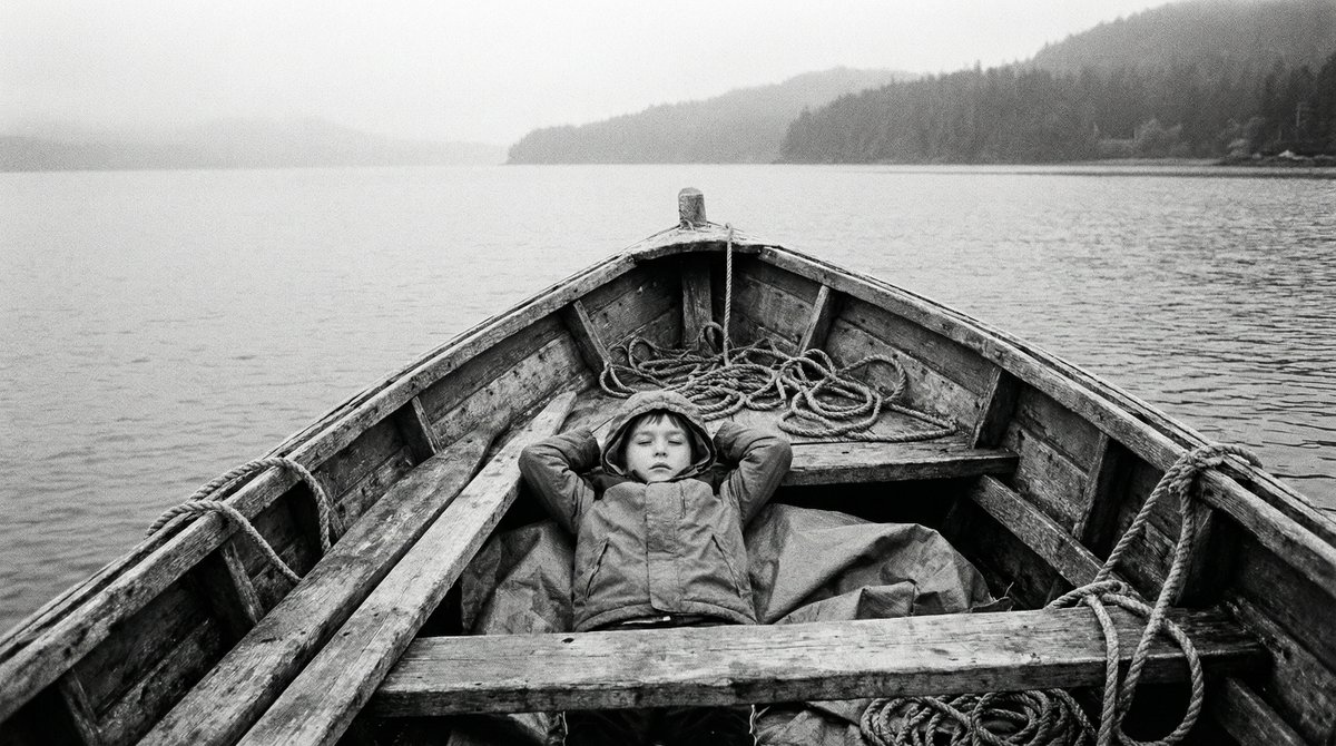 Black and White Documentary Photo of Child in Boat — example 1