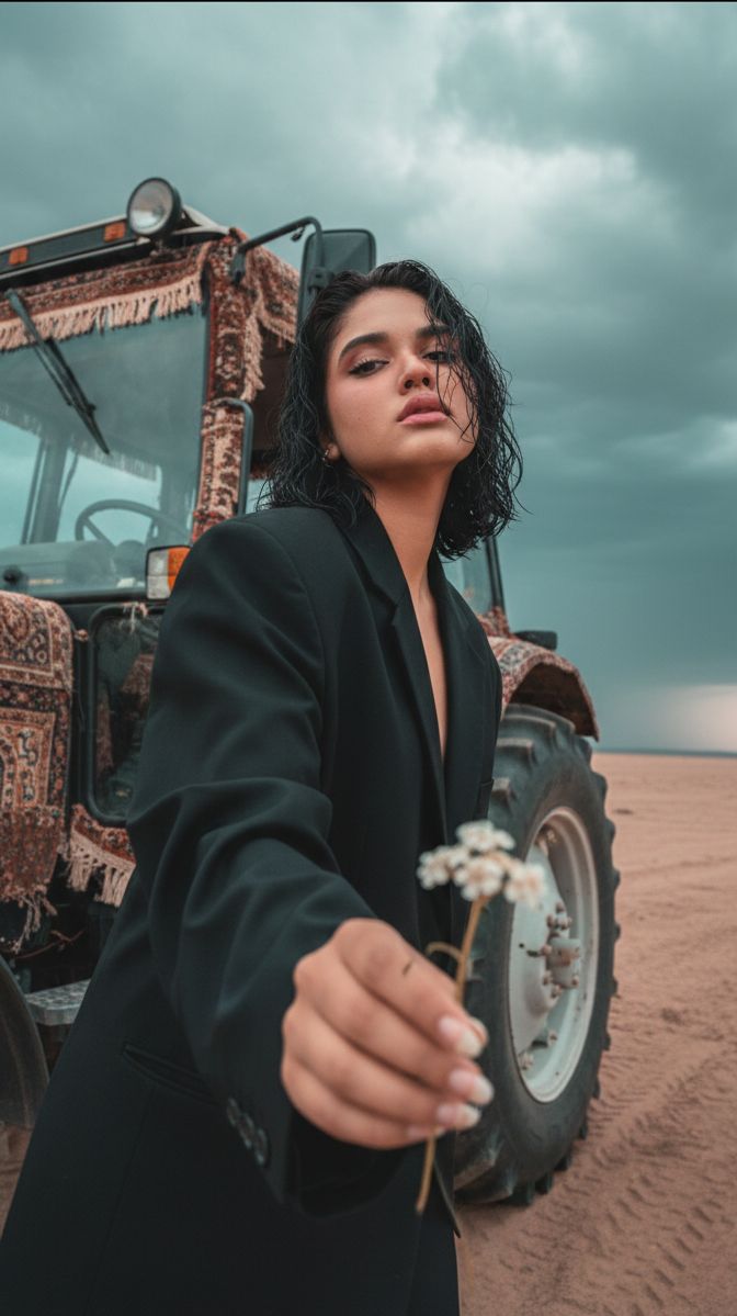Cinematic Close-up of Man in Tractor Holding Wildflower — example 1