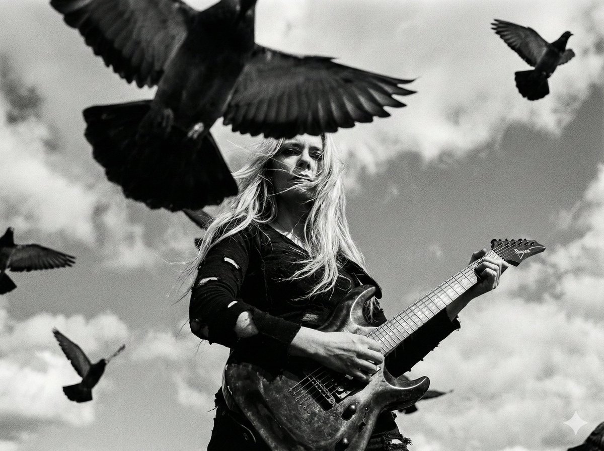 Cinematic Black and White Photo of Woman with Guitar and Pigeons — example 1