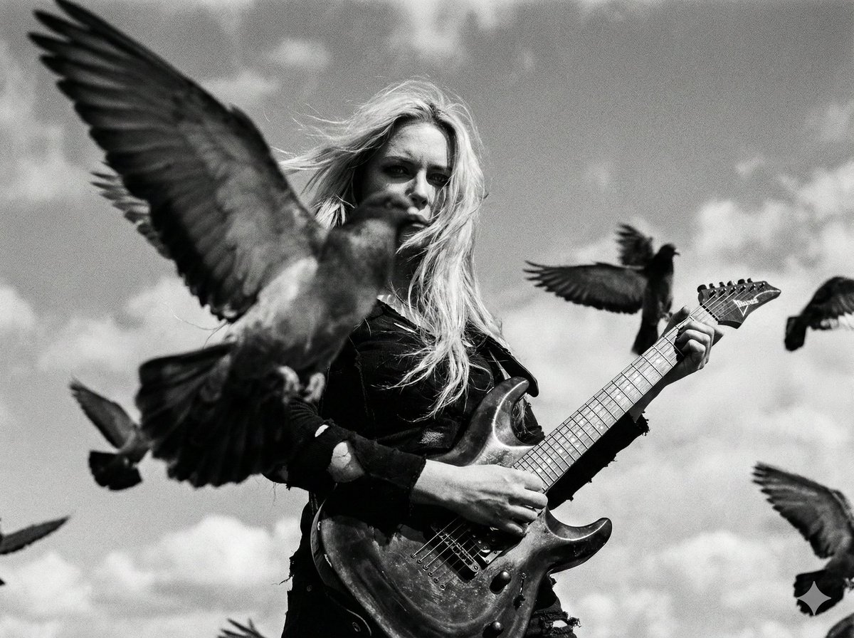 Cinematic Black and White Photo of Woman with Guitar and Pigeons — example 2
