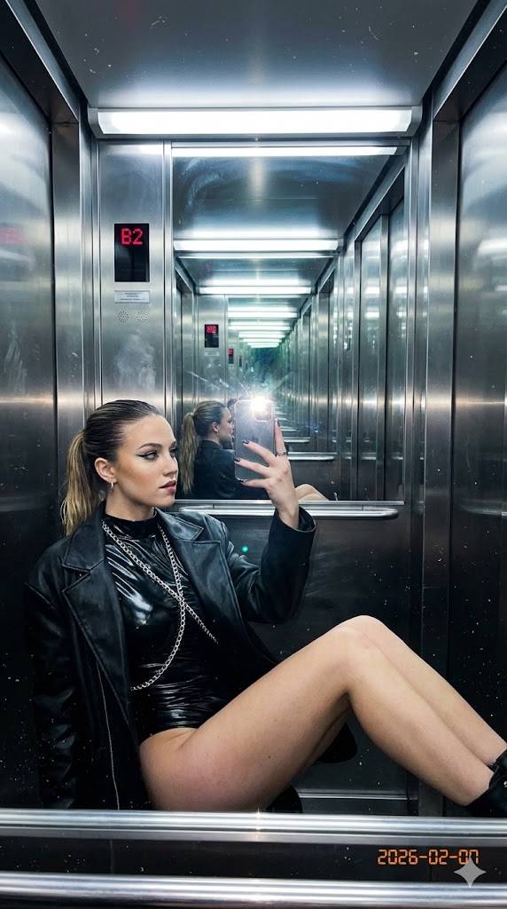 Raw Flash Mirror Selfie in Mirrored Elevator — example 1