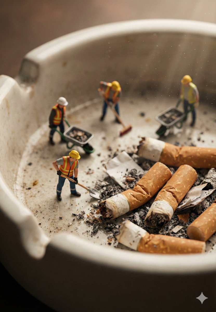 Macro Photography of Miniature Workers Cleaning Ashtray — example 1