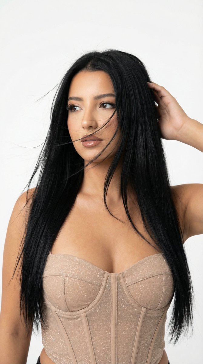 High-Key Studio Beauty Portrait (Wind Hair, Nude Corset) — example 1