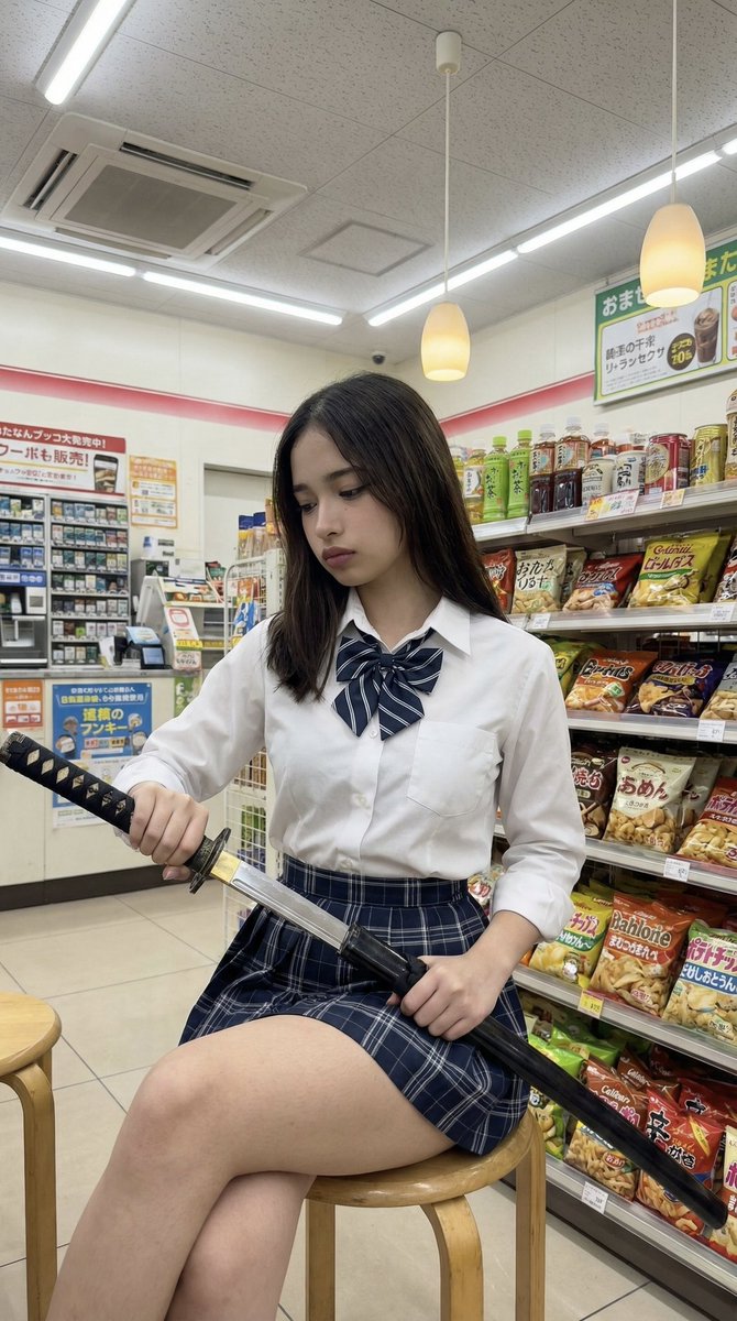 Japanese Konbini Portrait with Katana — example 1