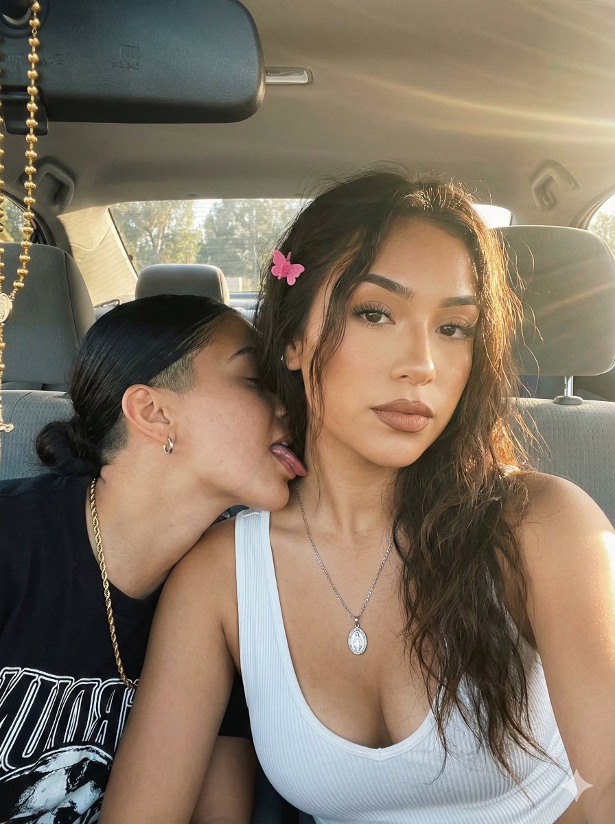 Intimate Car Selfie with Two Women and Golden Hour Lighting — example 1