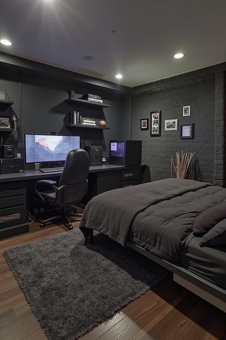 Photorealistic Modern Dark Bedroom and Workspace Interior — example 1