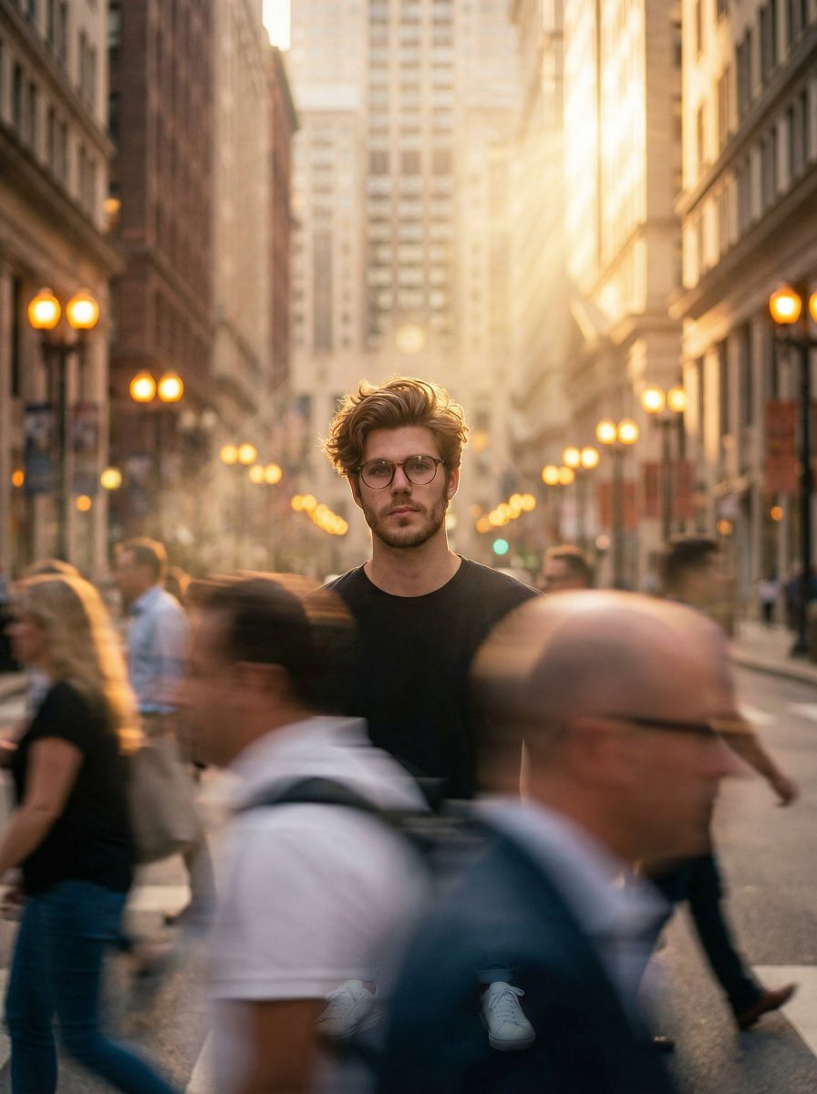 Cinematic Portrait in a Busy City Street — example 1