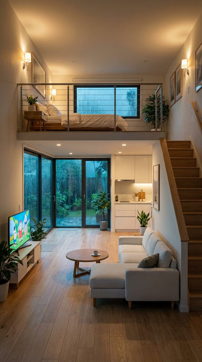 Cozy Split-Level Studio Apartment with Rainy Garden View