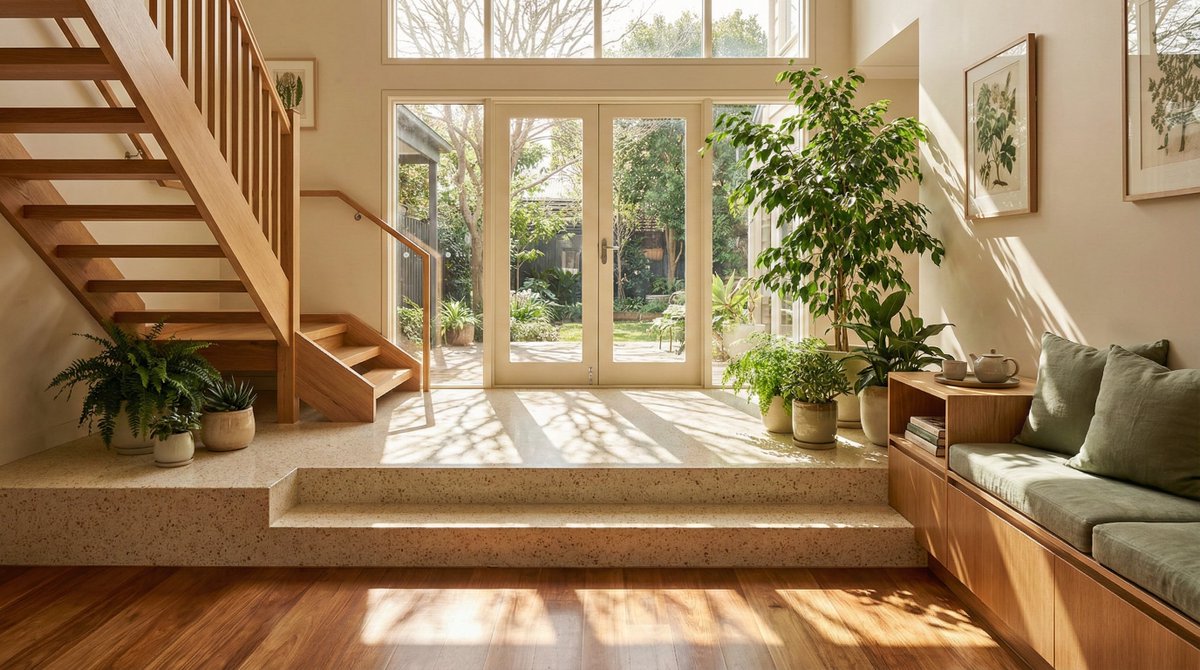 Sun-Drenched Modern Entryway Architectural Photograph Prompt (Structured) — example 1