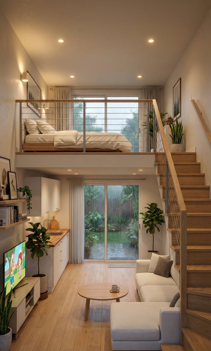 Cozy Split-Level Studio Apartment with Rainy Garden View (Structured) — example 1