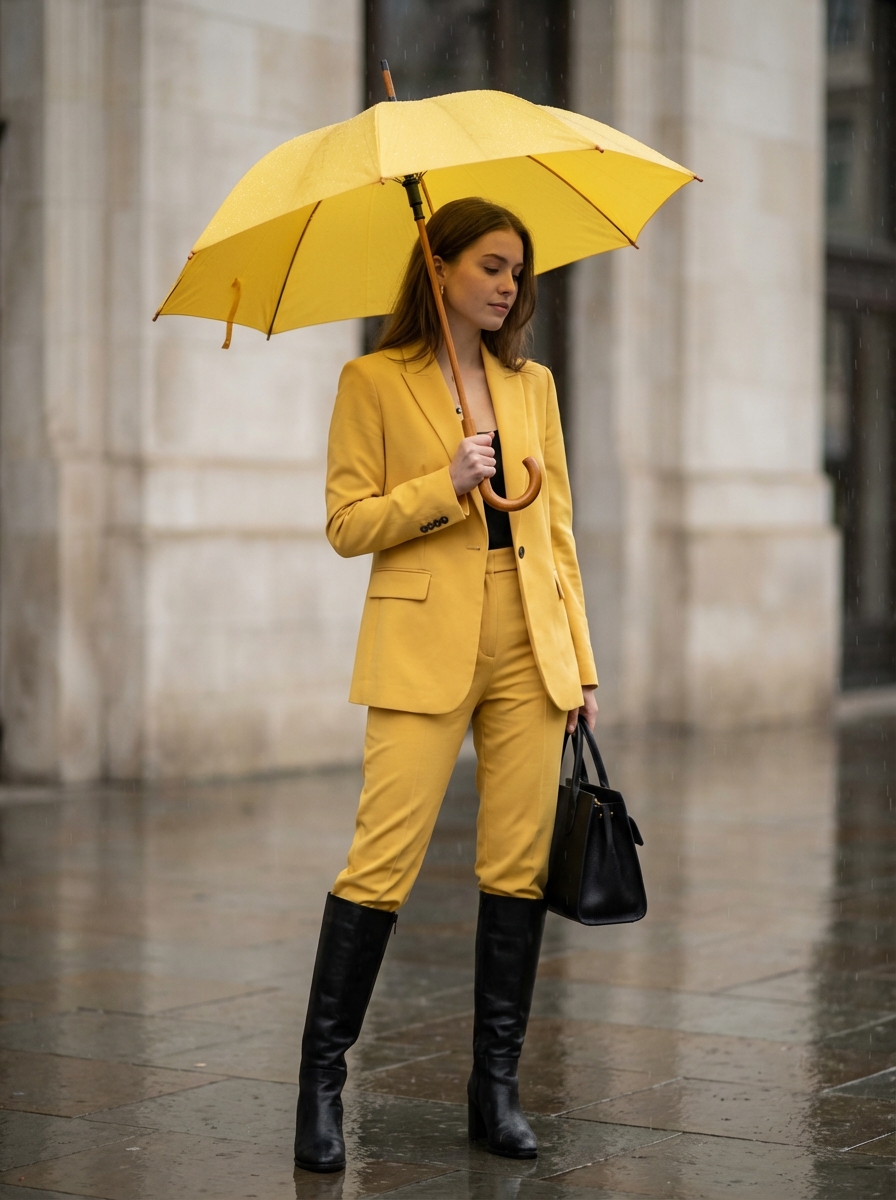 Rainy Day Yellow Power Suit Editorial Prompt — example 1