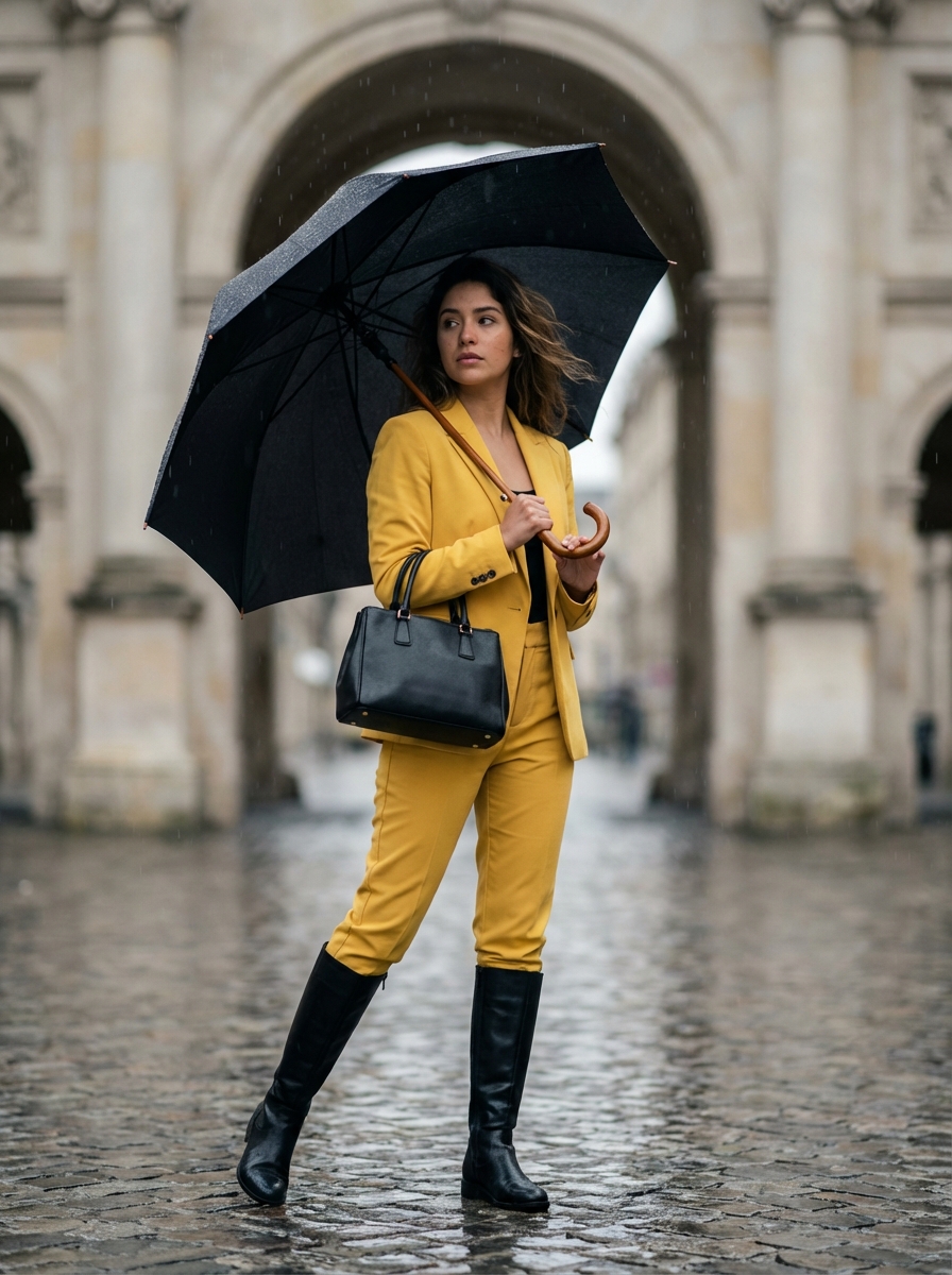 Rainy Day Yellow Power Suit Editorial Prompt — example 2