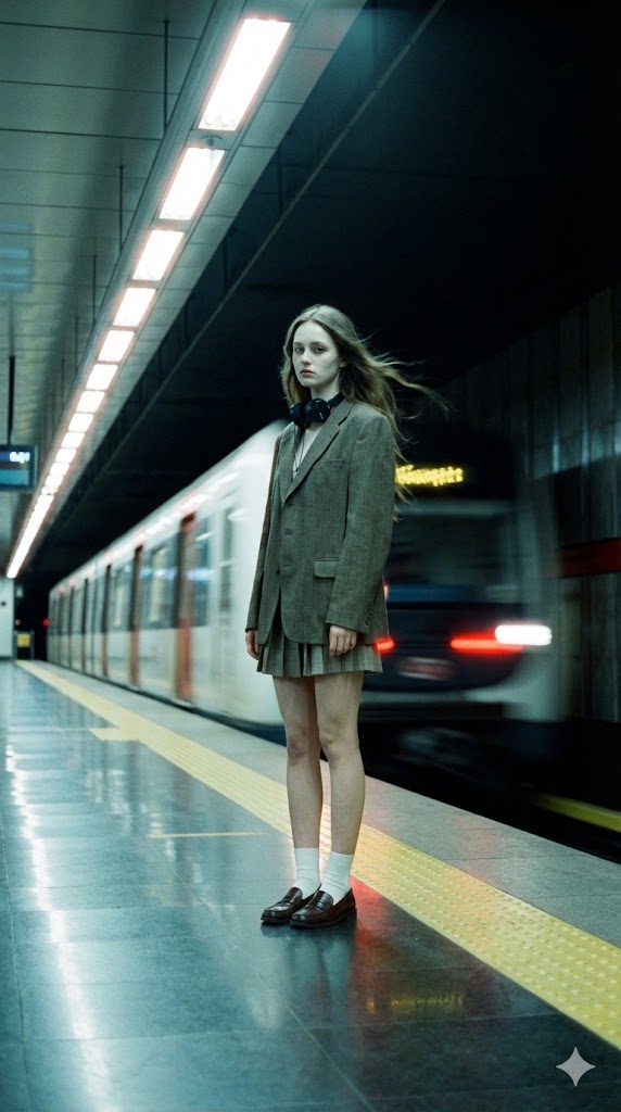 Long-Exposure Subway Fashion Prompt — example 1