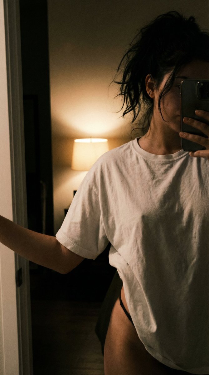 Candid Mirror Selfie in Oversized T-Shirt and Underwear — example 1