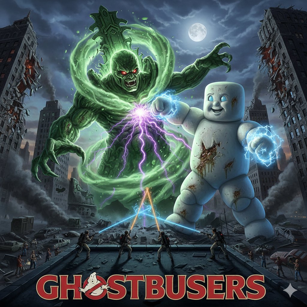 Generate Ghostbusters Scene with Gozer and Stay Puft — example 1