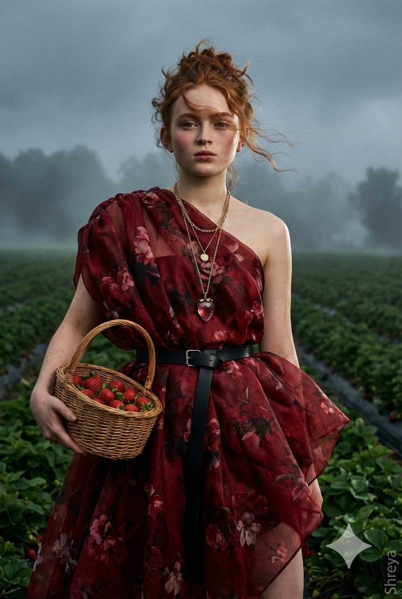 High-Fashion Strawberry Harvest Portrait Prompt — example 2