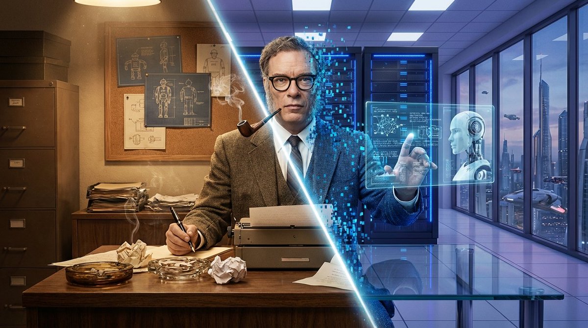 Asimov Visionary Split-Scene Concept Art Prompt — example 1