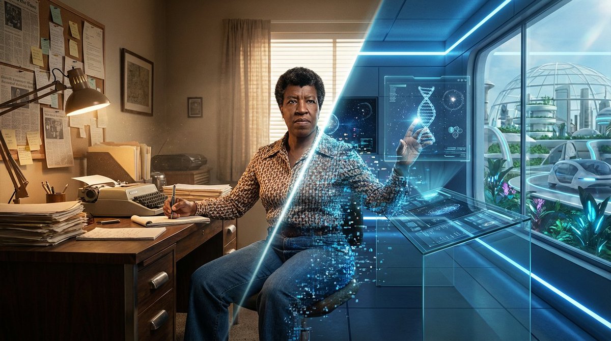 Asimov Visionary Split-Scene Concept Art Prompt — example 2