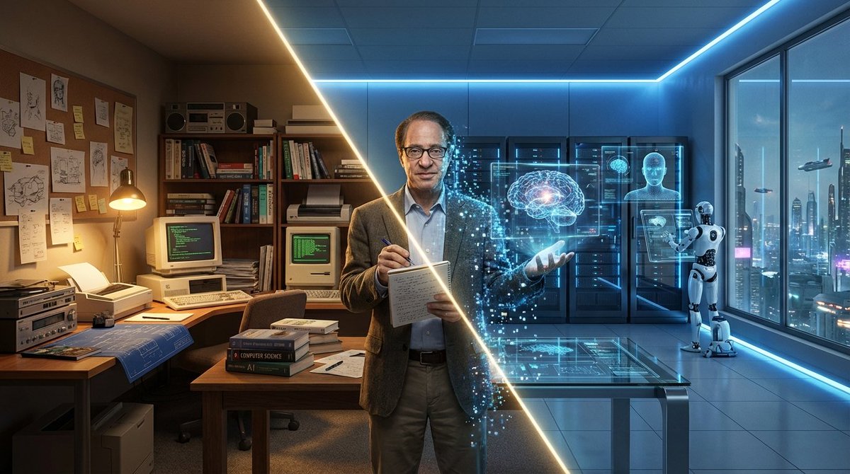 Asimov Visionary Split-Scene Concept Art Prompt — example 3