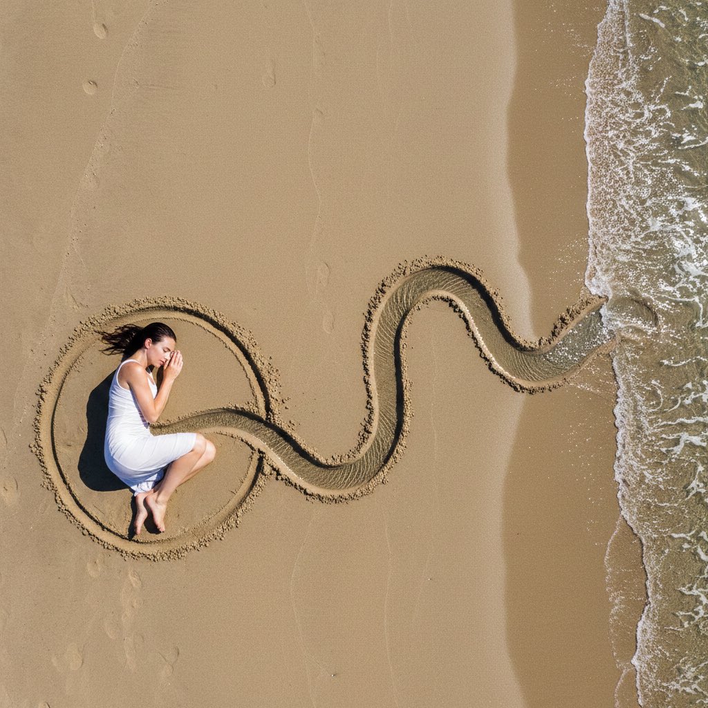 Conceptual Land Art Photography of Woman Connected to the Sea — example 1