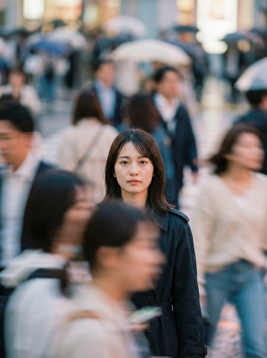 Cinematic Portrait Prompt: Focus in a Crowd — example 1
