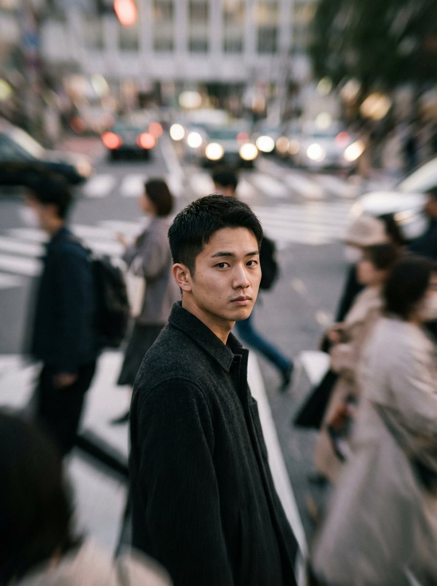 Cinematic Portrait Prompt: Focus in a Crowd — example 2