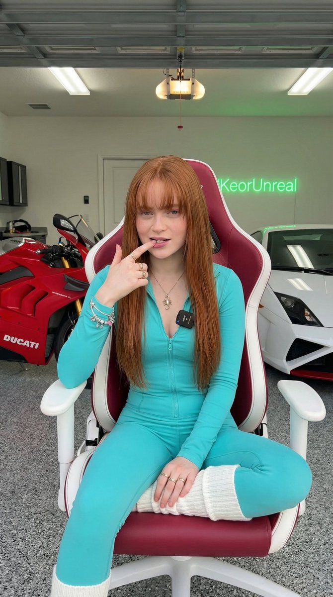 Gamer Girl in Garage with Sports Cars — example 2