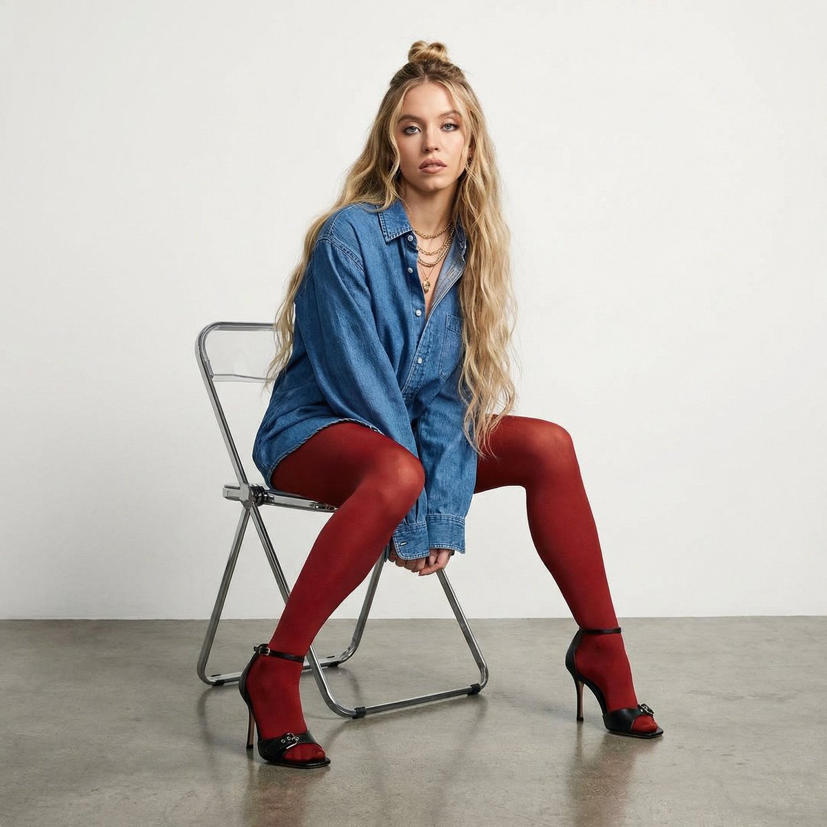 High-Fashion Denim Photoshoot with Ultra-Long Hair — example 1