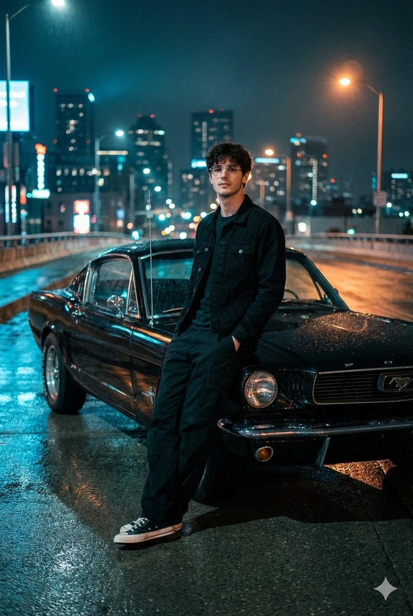Cinematic Night Photo with 1960s Mustang — example 1