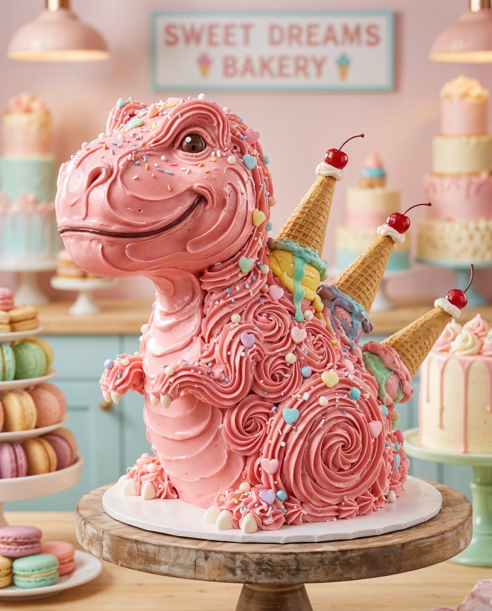 Whimsical T-Rex Made of Pink Frosting — example 1