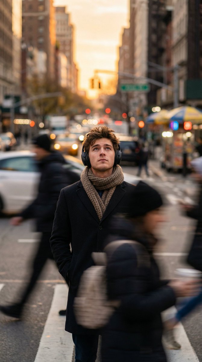 Introspective Man in Motion-Blurred City Crowd — example 1