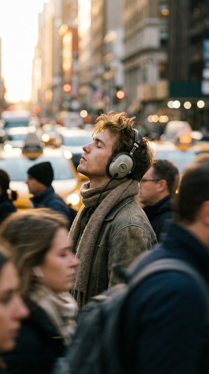 Introspective Man in Motion-Blurred City Crowd — example 2