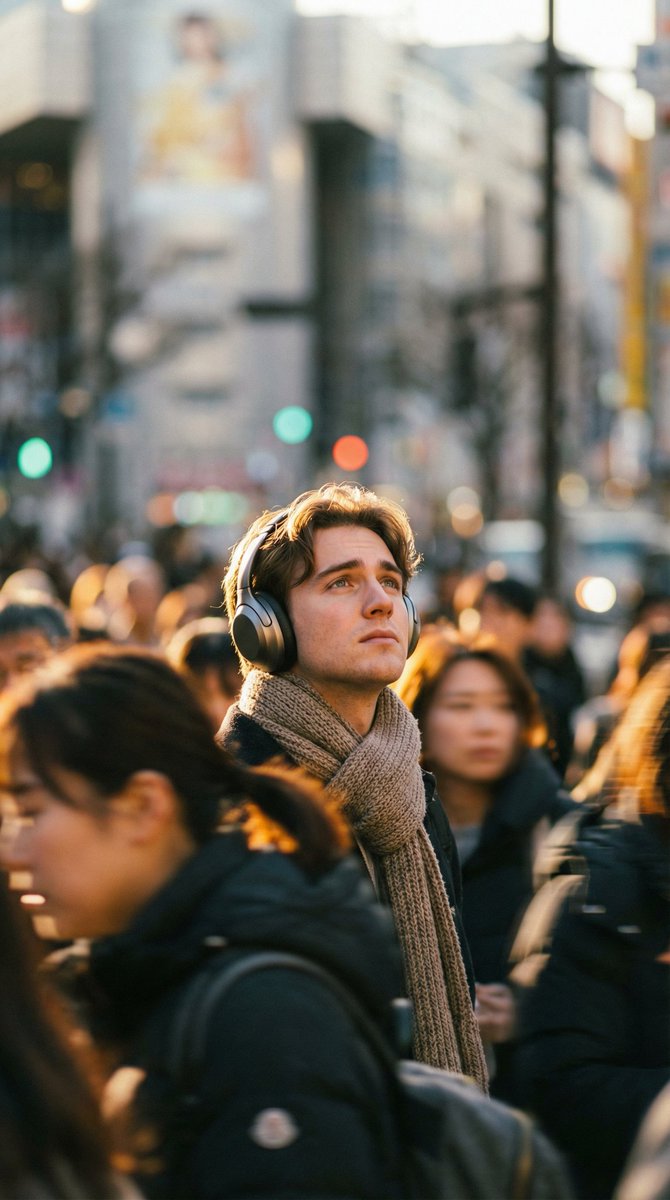 Introspective Man in Motion-Blurred City Crowd — example 3
