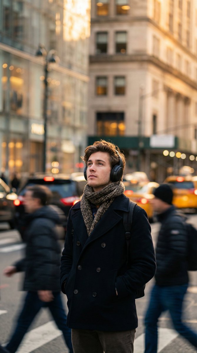 Introspective Man in Motion-Blurred City Crowd — example 4