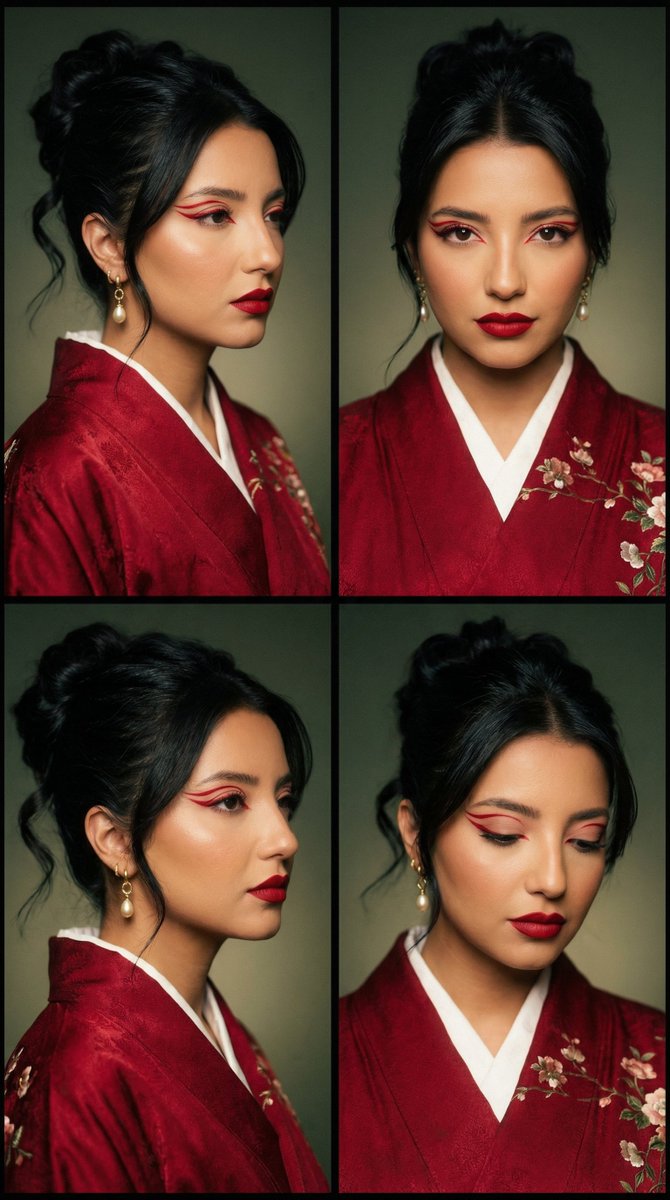 Cinematic Fashion Editorial Grid: Red Kimono & Graphic Liner — example 1