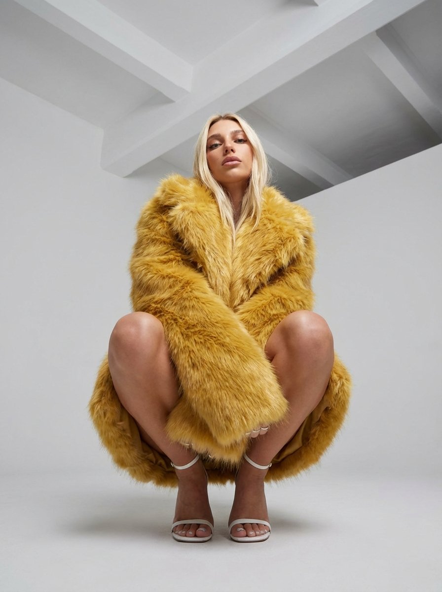 High Fashion Editorial: Woman in Yellow Fur Coat — example 1