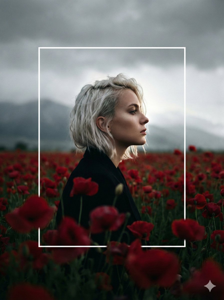 Cinematic Profile Portrait in Crimson Field with Frame Overlay — example 1