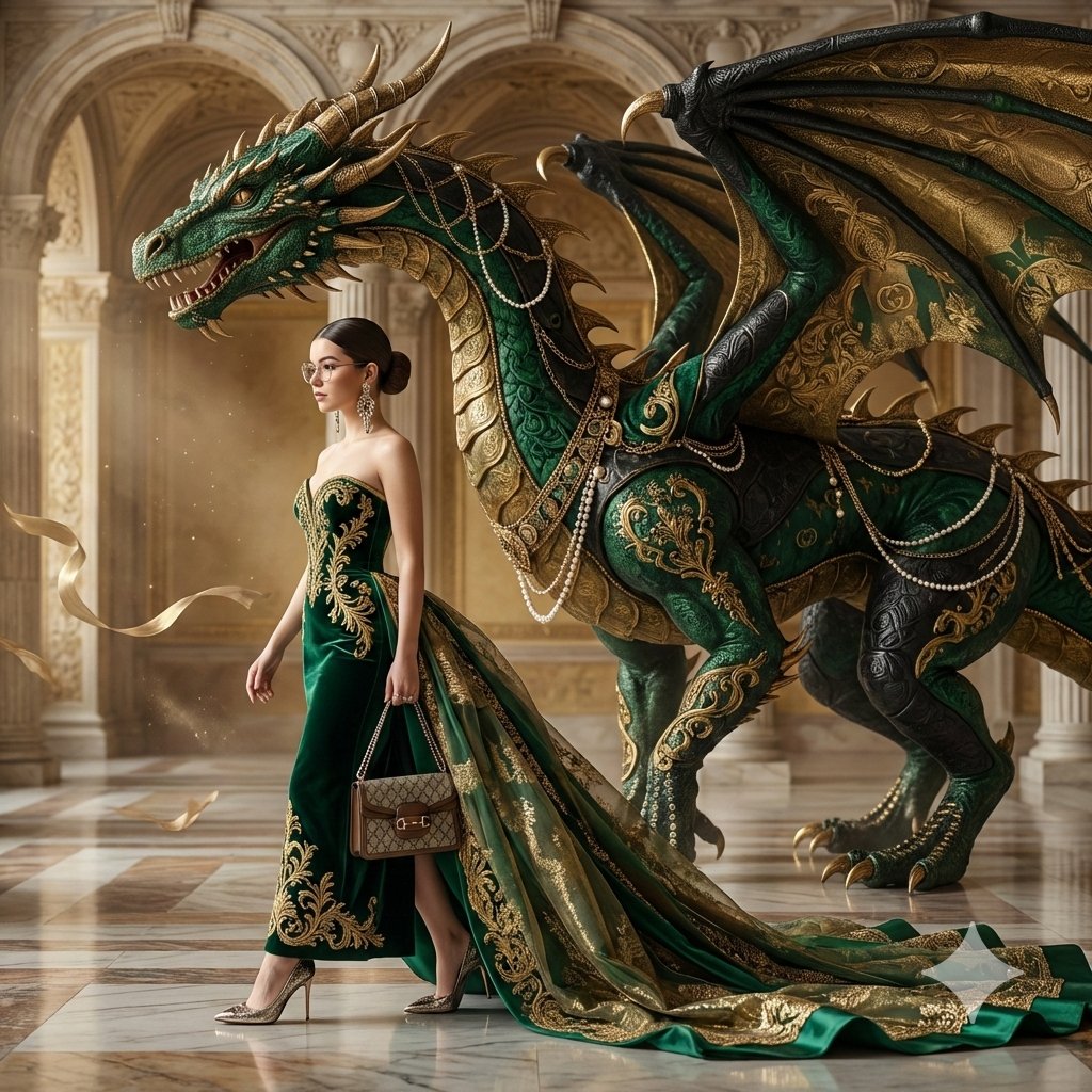 Couture Woman and Colossal Dragon in Renaissance Palace — example 1