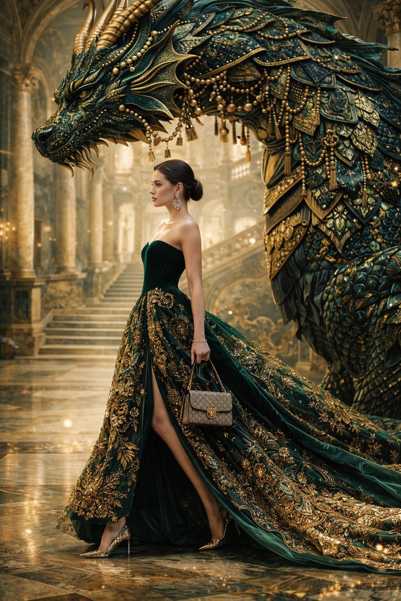 Couture Woman and Colossal Dragon in Renaissance Palace — example 2